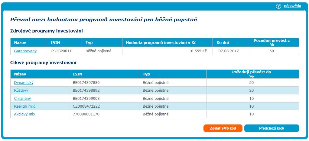 P stisknutí tlačítka Další krk uvidíte brazvku s rekapitulací celéh prcesu: v hrní části infrmace zdrjvých prgramech investvání a pžadvané převáděné hdnty v %; v dlní části infrmace cílvých prgramech