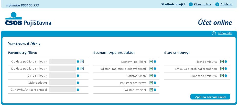 3.2 Infrmace pjistné smluvě Kliknutím na čísl smluvy na brazvce Přehled smluv přejdete na stránku s detailními infrmacemi vybrané pjistné smluvě.