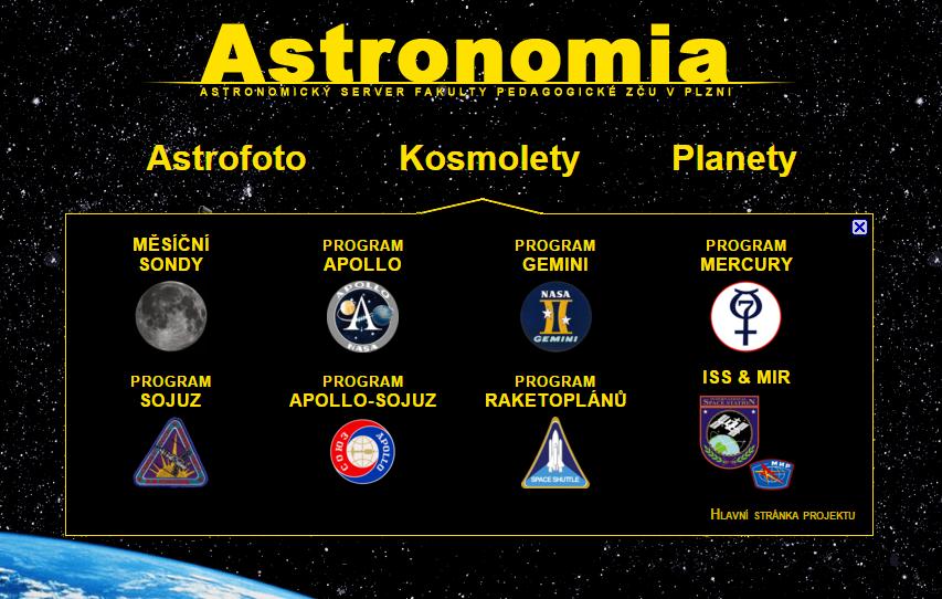 WEBOVÉ STRÁNKY ASTRONOMIA Obrázek 70: astronomia.zcu.cz: seznam kosmických programů. Na obr. 71 je patrné rozčlenění stránky, která pojednává o programu Apollo.