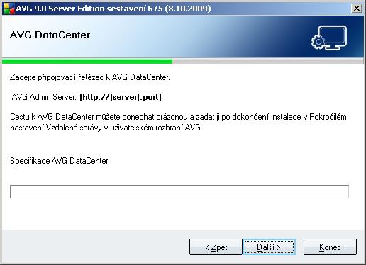 3.8. Uživatelská instalace - DataCenter Pokud jste v průběhu volby komponent vybrali Komponentu vzdálené správy, můžete v tomto dialogu zadat připojovací řetězec pro spojení s vaším AVG DataCenter. 3.