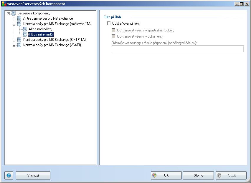 4.6. Filtrování e-mailů V části Filtr příloh můžete zvolit přílohy, které mají být automaticky odstraněny.