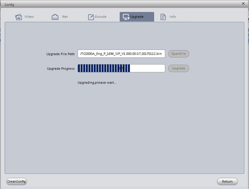 Spusťte program ConfigTool. Vyberte požadovaný videotelefon a pomocí tlačítka Login se opět přihlaste. Vyberte záložku Upgrade.