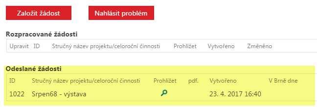 Následně je zobrazeno poslední potvrzovací okno. Po kliknutí na OK, je žádost odeslána na server a již ji nelze upravovat. Je zobrazena stránka se seznamem vašich žádostí.