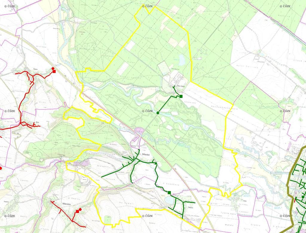 E. KANALIZACE A ČOV Mapa E1: Kanalizace - rozvody v obci Trasování sítí, lokalizace ČOV, čerpací stanice (ČS), výústě Obec: Mladeč Legenda: Kanalizace: Ochranné pásmo: Vyústění: do 2015 po 2015 I IA