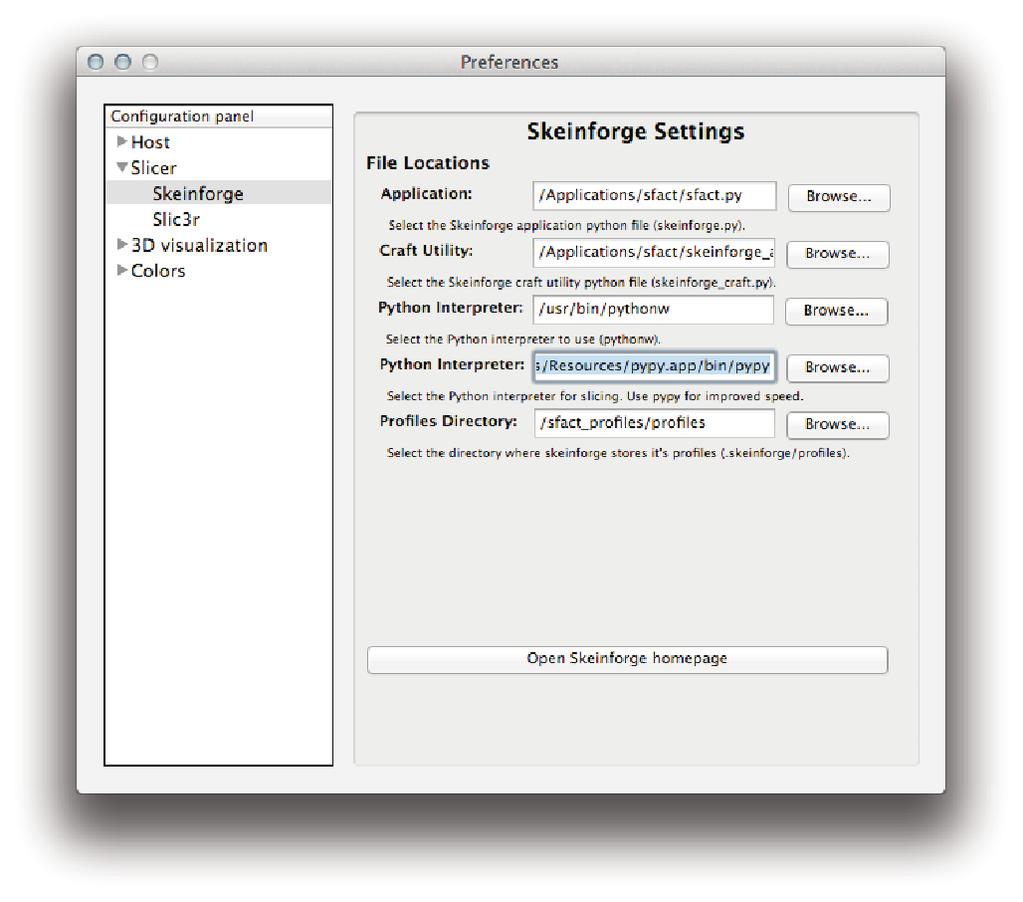 12. Vytvoøte nastavení Skeinforge pod Preferences -> Slicer -> Skeinforge 13. Kliknìte na Browse pro pøímou cestu ke správným souborùm Application:/Applications/sfact/sfact.