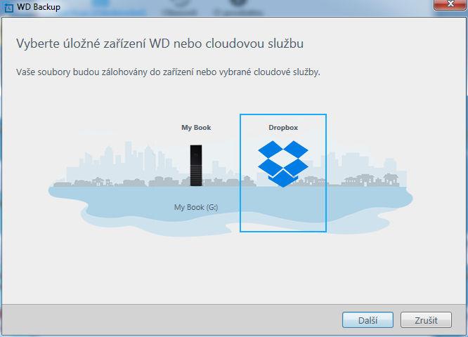 Zálohování souborů 2. V dialogovém okně Vyberte úložné zařízení WD nebo cloudovou službu zvýrazněte ikonu Dropbox: 3. Kliknutím na tlačítko Další zobrazte dialogové okno připojení účtu Dropbox: 4.