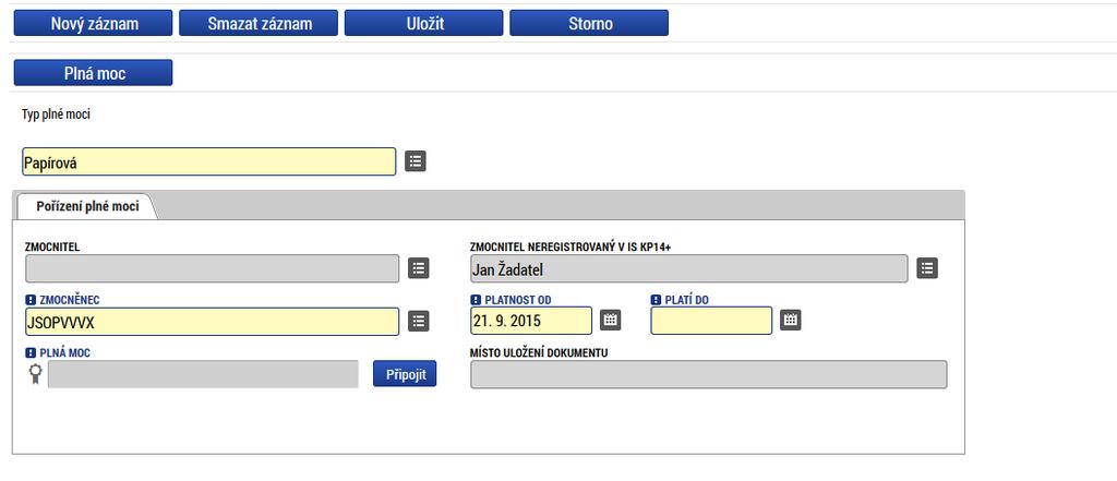 Pokud žádost nevyplňuje přímo zmocněnec, musí správce projektu, tedy uživatel, který žádost založil a vyplnil, nasdílet projekt zmocněnci a přidělit mu roli editora nebo čtenáře.