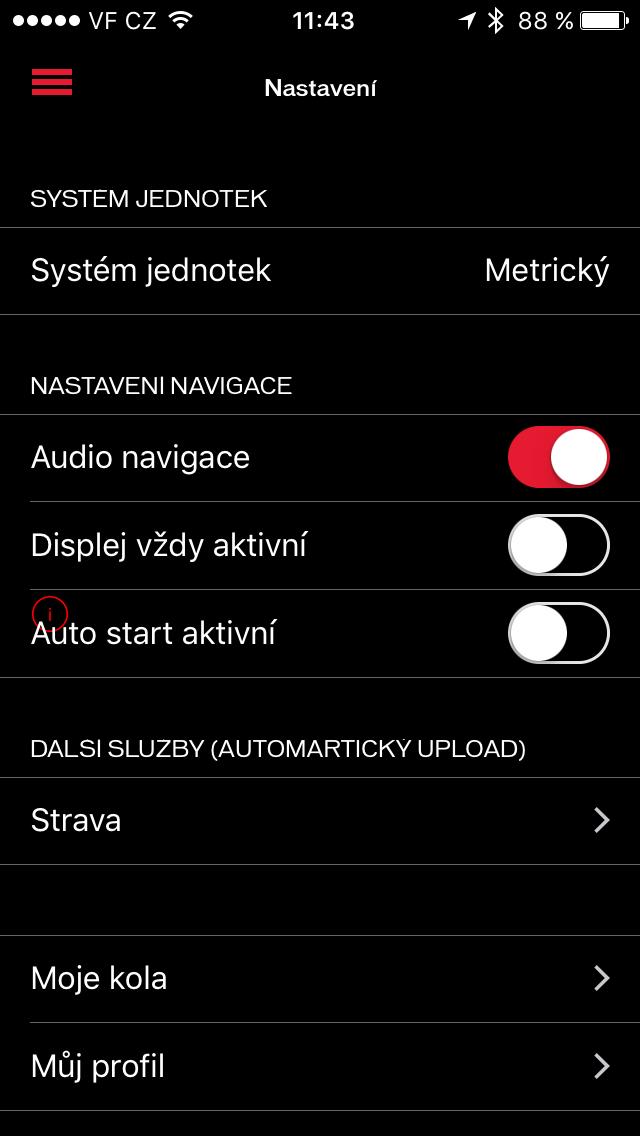 NASTAVENÍ. Audio navigace : aktivujte nebo deaktivujte hlasovou navigaci () 2. Displej může zůstat rozsvícený nebo vypnutý, dle Vašich preferencí např.