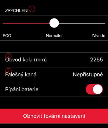 rychlost s podporou motoru není ovlivněna) (2). 3. Zrychlení jak rychle kolo zrychluje (nutný restart kola - aplikace se sama ke kolu připojí po opětovném zapnutí) (3) 4.