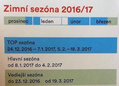 8.2 Cena Cenový rozdíl skipasů v sezóně 2016/2017 podléhá druhu sezónnosti. Rozlišuje se TOP sezóna, hlavní sezóna či sezóna vedlejší. Na obrázku níže je rozpis zimní sezóny 2016/2017.