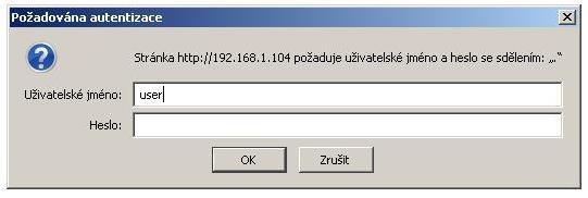 Návod k obluze 2. Objeví se přihlašovací okno, které vyplníme takto: Uživatelské jméno: user Heslo: prázdné pole. Dále potvrdíme OK. Tím jsme se přihlásili v lokální síti k internetovému modulu. VI.