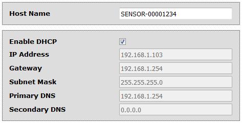 2.2 Stránka Network Settings Stránka Network Settings je rozdělena do několika samostatných částí. Host Name je z výroby nastaveno na SENSOR- DEVID, kde DEVID je DEVice ID (viz. stránka Status).