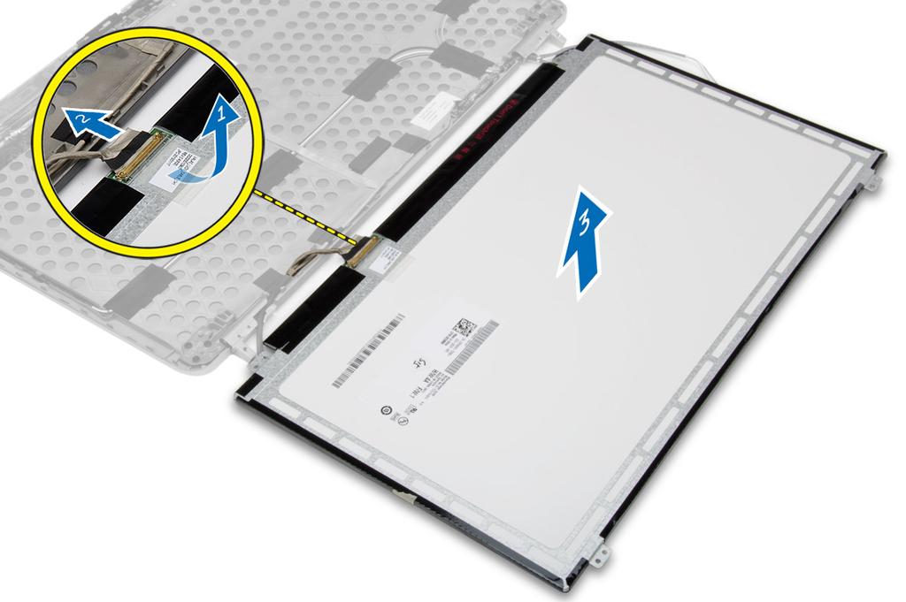 5. Odlepte pásku konektoru kabelu LVDS a odpojte kabel LVDS od panelu displeje. Sejměte panel displeje ze sestavy displeje. Montáž panelu displeje 1.