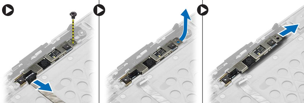 Demontáž kamery 1. Postupujte podle pokynů v části Před manipulací uvnitř počítače. 2. Demontujte následující součásti: a. baterie b. sestava displeje c. čelní kryt displeje 3.