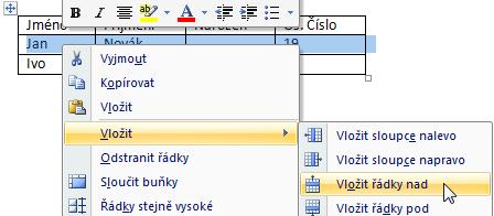 Na následujících obrázcích ukážeme, co se stane při použití jednotlivých příkazu. Na začátku máme tabulku 3x3 naplněnou texty. Potřebujeme přidat datum narození jako třetí sloupec.