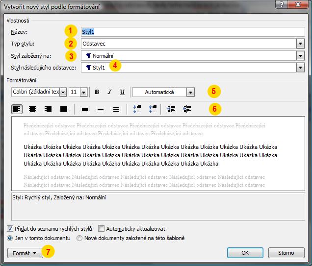Zobrazíme okno pro vytváření nového stylu. 1. Název stylu, pod kterým se Váš nový styl bude nabízet v seznamu stylů 2.