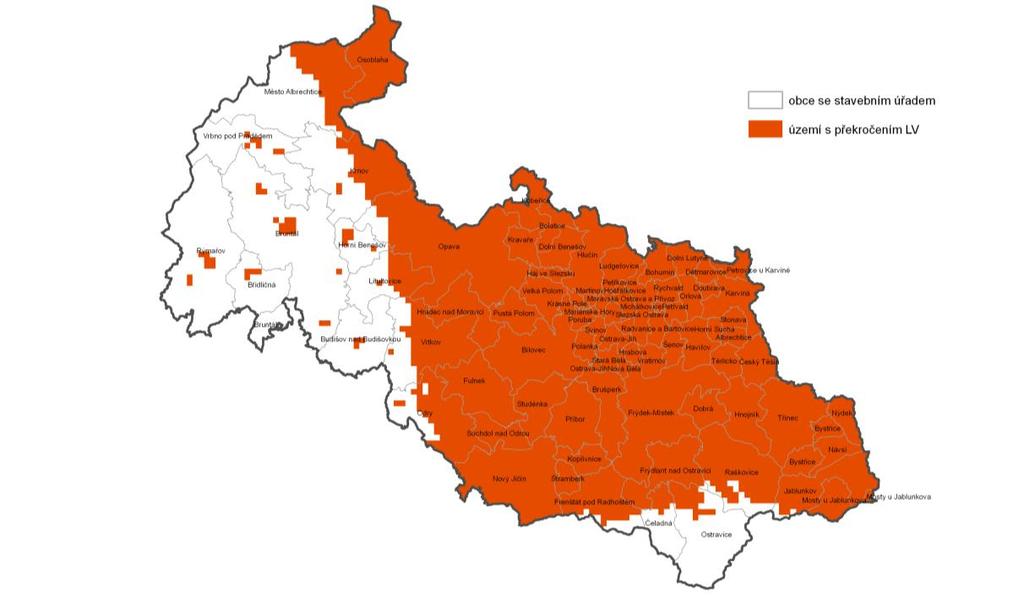 Obrázek 3 Mapa území s překročenými imisními limity v roce 2014 Z této mapy je zřejmé, že na