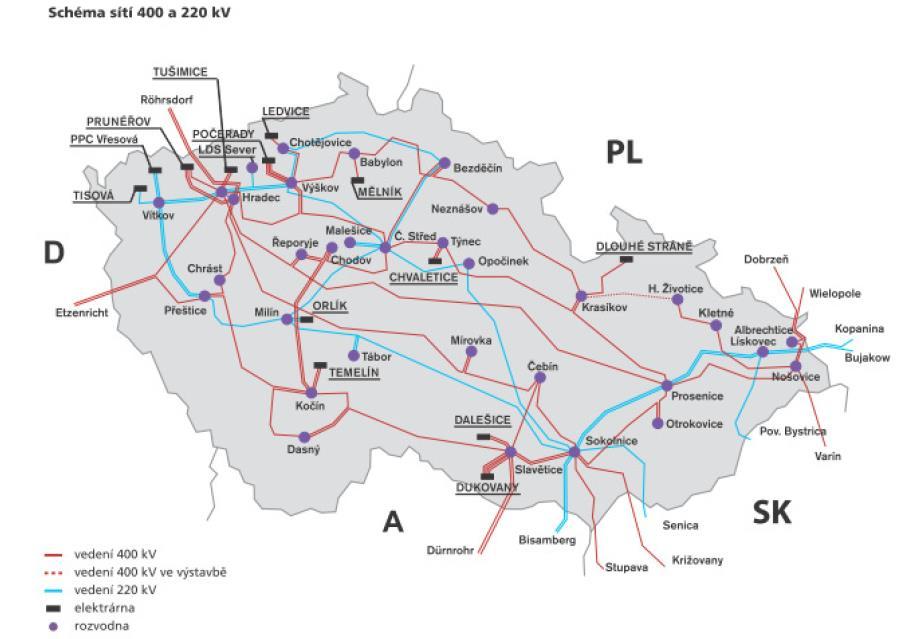 Obrázek 7 Schéma sítě EE 400 a 220kV na území ČR Rozsah krizové situace na území MSK Ohrožená území a objekty Při rozsáhlém blackoutu bude postižena značná část Moravskoslezského kraje, případně celé