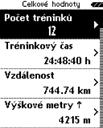 9.2 Celkové hodnoty Zde naleznete všechny celkové hodnoty pro ROX GPS 11.0: 1. Počet tréninků 2. Tréninkový čas 3. Vzdálenost 4. Výškové metry nahoru 5. Výškové metry dolů 6. Kalorie 7.