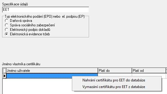 Elektronická evidence tržeb (EET) v programu HARMONIK stav k 27.2.2017 Abyste mohli využívat odesílání tržeb do systému EET, je třeba, abyste měli k dispozici certifikát od správce daně tj.