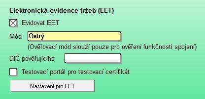 Nahrání certifikátu Zvolte nabídku Nastavení / Parametry el. Podpisu nebo podání (EP, EPO, EET) a vytvořte nový zápis (F2).