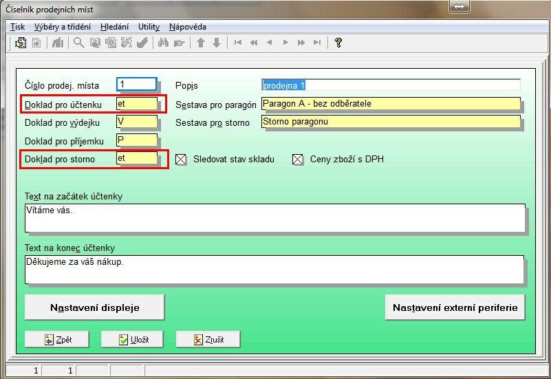 D.4. Daňová evidence Obdobně jako v bodě D.3. D.5. Prodejna Pro možnost odesílání účtenek a storen do systému EET je třeba zkontrolovat číselník prodejních míst.