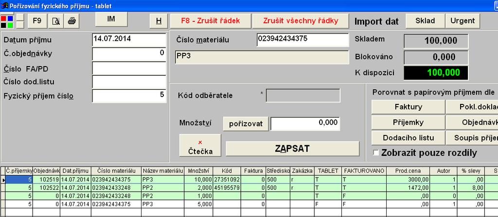 Při příjmu jsou pak položky přijaté přes tablet zeleně podbarvené a v kolonce Tablet mají zapsáno písmeno T.