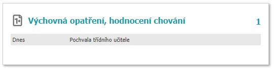 Panel Výchovná opatření, hodnocení chování Tento panel zobrazuje aktuálně zadaná výchovná opatření ahodnocení chování žáka/studenta.tedy různí pochvaly, či důtky a návrhy na sníženou známku z chování.