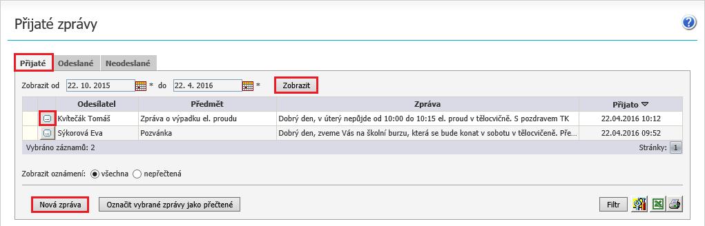 8.1.2 Přijaté zprávy Pomocí menu Komunikace - Zprávy - Přijaté zprávy zobrazíme seznam všech přijatých zpráv: Přijaté zprávy si můžeme omezit na určité období, jež si nastavíme v horní části