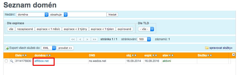 Wedos V zákaznické administraci vyberte v menu domény.