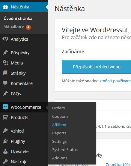 Políčka pro vložení kódů najdete v levém menu - Woocommerce v podzáložce AffilBox. Klikněte na tuto položku a uvidíte takováto dvě políčka pro vložení kódů.