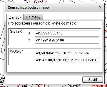 Souřadnice Tímto nástrojem můžeme zobrazit souřadnice daného bodu v mapě nebo naopak pokud souřadnice známe, toto místo vyhledat a zobrazit.