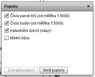 Popisky v mapě U každé mapové vrstvy je přednastaveno jaké popisy se mají zobrazovat a mohou se zapínat či vypínat podle potřeby.