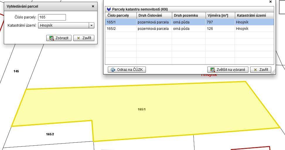 Ze seznamu si vybereme hledanou parcelu (označíme myší řádek) a stisknutím tlačítka Zvětšit na vybrané se v