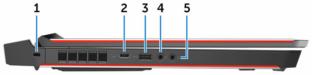 Vlevo 1 Slot bezpečnostního kabelu (zámky Noble) Slouží k připojení bezpečnostního kabelu, který chrání před neoprávněným přemístěním počítače. 2 Port USB 3.