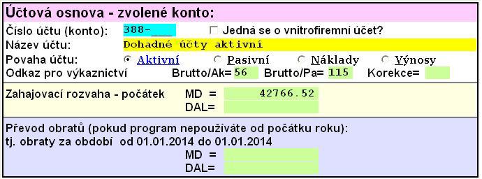 Každý účet si v sobě (kromě názvu) nese odkaz na výkaznictví (nasměrování do sloupečků brutto (2) a korekce (3) výkazu) a vybraná konta