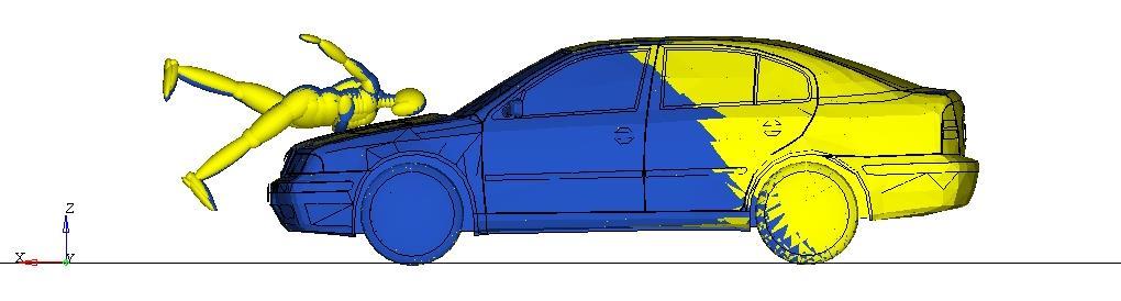 Obr. 12 Kolize chodce s automobilem o tuhosti 400N/mm (žlutý model) a tuhosti 600N/mm