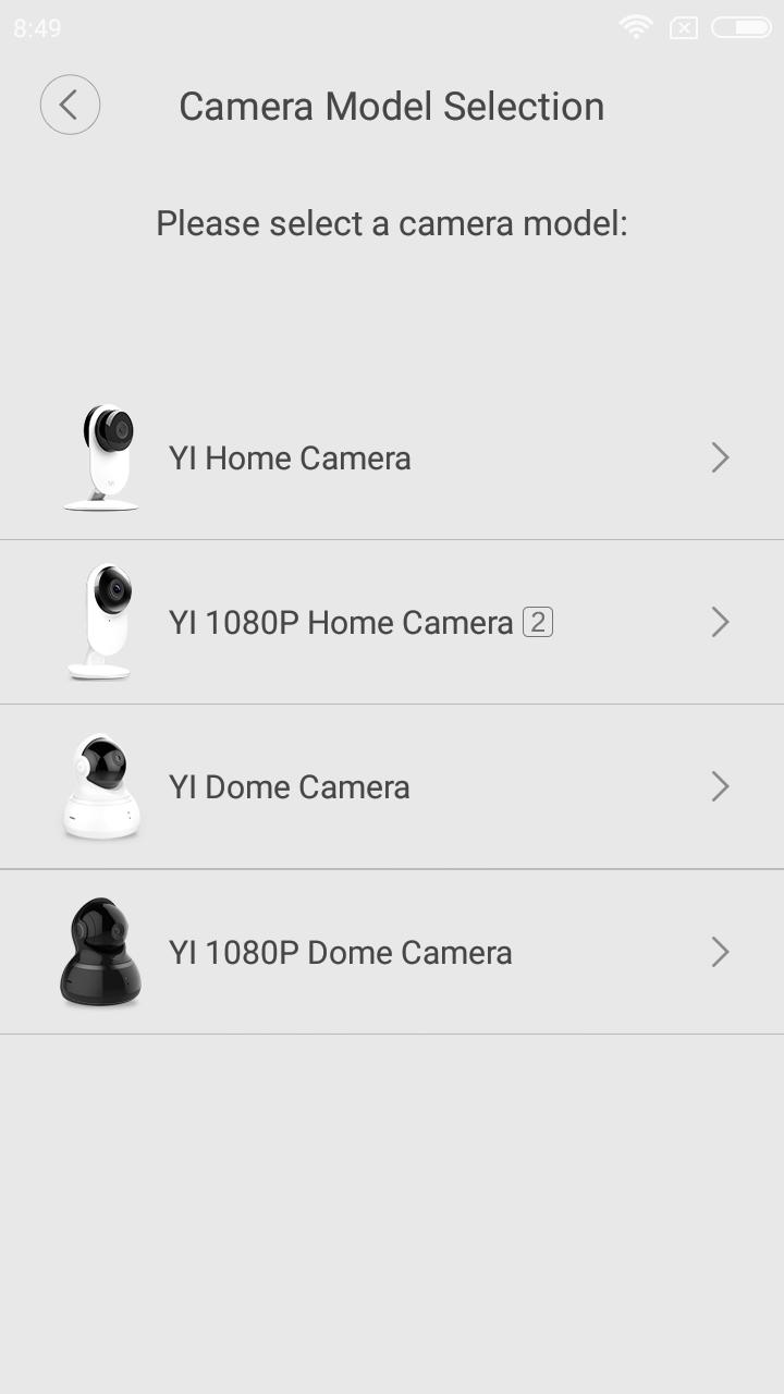 Po kliknutí na ikonu pro přidání, se Vá zobrazí výběr z několika možných kamer, v našem případě vyberem první možnost, tedy YI Home Camera.