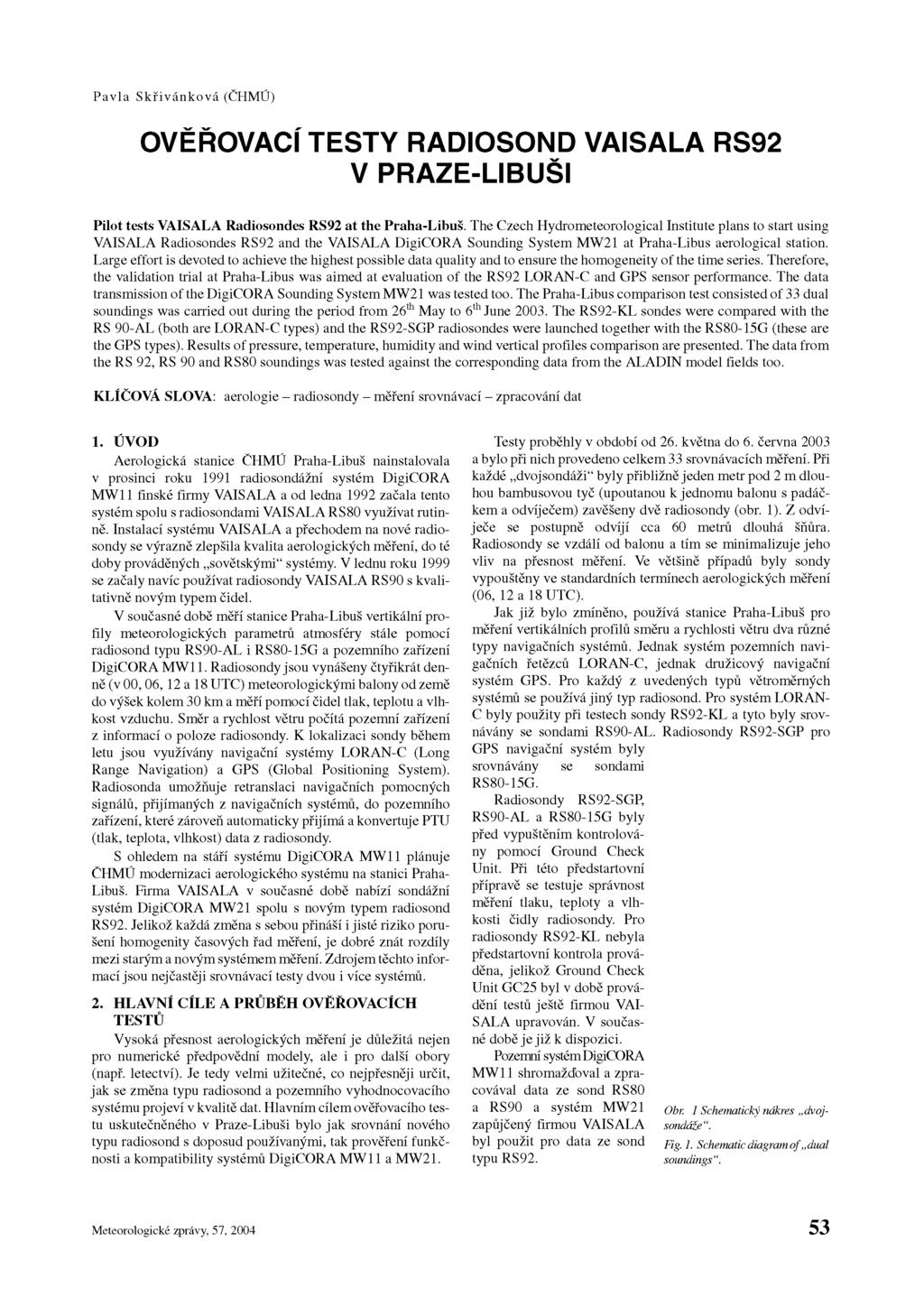 Pavla Skřivánková (ČHMÚ) OVĚŘOVACÍ TESTY RADIOSOND VAISALA RS92 V PRAZE-LIBUŠI Pilot tests VAISALA Radiosondes RS92 at the Praha-Libuš.