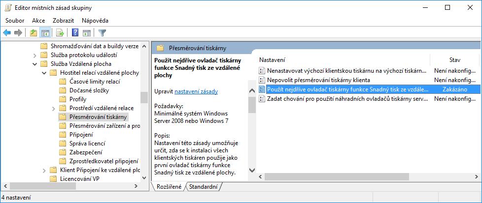 Nastavíme: Místní počítač-zásady Konfigurace počítače Šablony pro správu Součásti systému Windows Služba Vzdálená plocha Hostitel relací vzdálená plocha Přesměrování tiskárny: Použít nejdříve ovladač