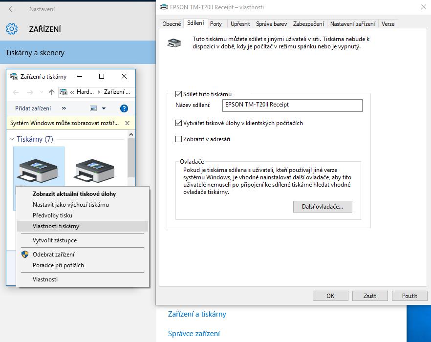 Ovládací panely / Hardware a zvuk / Zařízení a tiskárny (nebo Zařízení / Tiskárny a skenery / Zařízení a tiskárny) / vybereme tiskárnu / Vlastnosti tiskárny - Sdílení - zaškrtneme Sdílet tuto