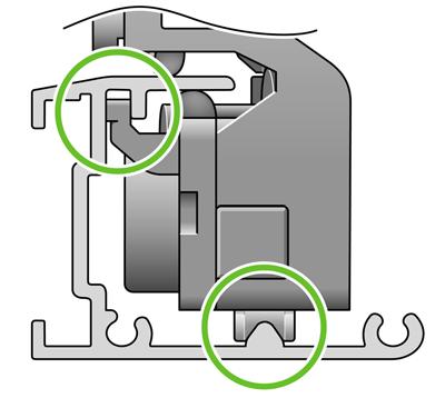 ořezávačky a dvě izolační vodítka by měla zapadat do drážky v horní části dráhy ořezávačky.