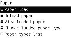 3. Vyberte možnost Paper load (Zavedení papíru). 4. Vyberte možnost Load sheet (Zavést list papíru). UPOZORNĚNÍ: Vyberete-li roli, list nebude zaveden. 5.