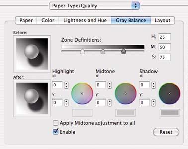 Řízení barev Tisk v odstínech šedi Vyvážení šedé pro tiskovou úlohu lze nastavit podobně v systému Windows i Mac OS: V dialogovém okně ovladače systému Windows: Vyberte kartu Barva, ujistěte se, že