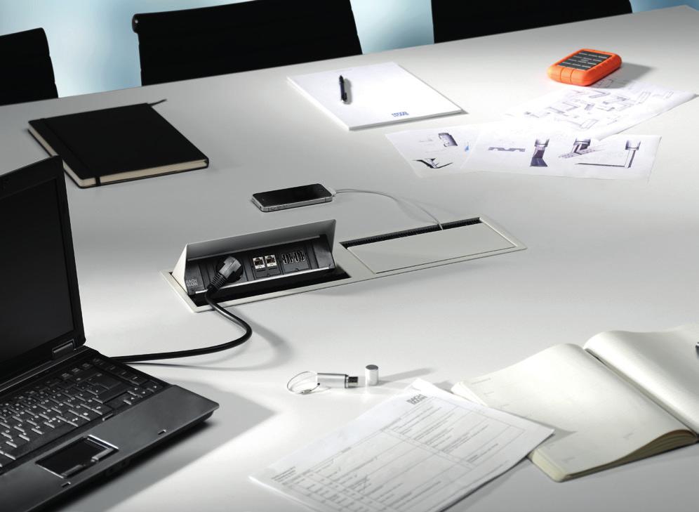 BACHMANN CONI DUO Oboustranná zásuvková jednotka CONI DUO představuje ideální řešení pro úzké pracovní plochy stolu například v konferenčních či školicích místnostech.