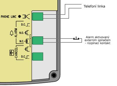 Zapojení tlačítka ALARM se spínacím kontaktem Zapojení tlačítka