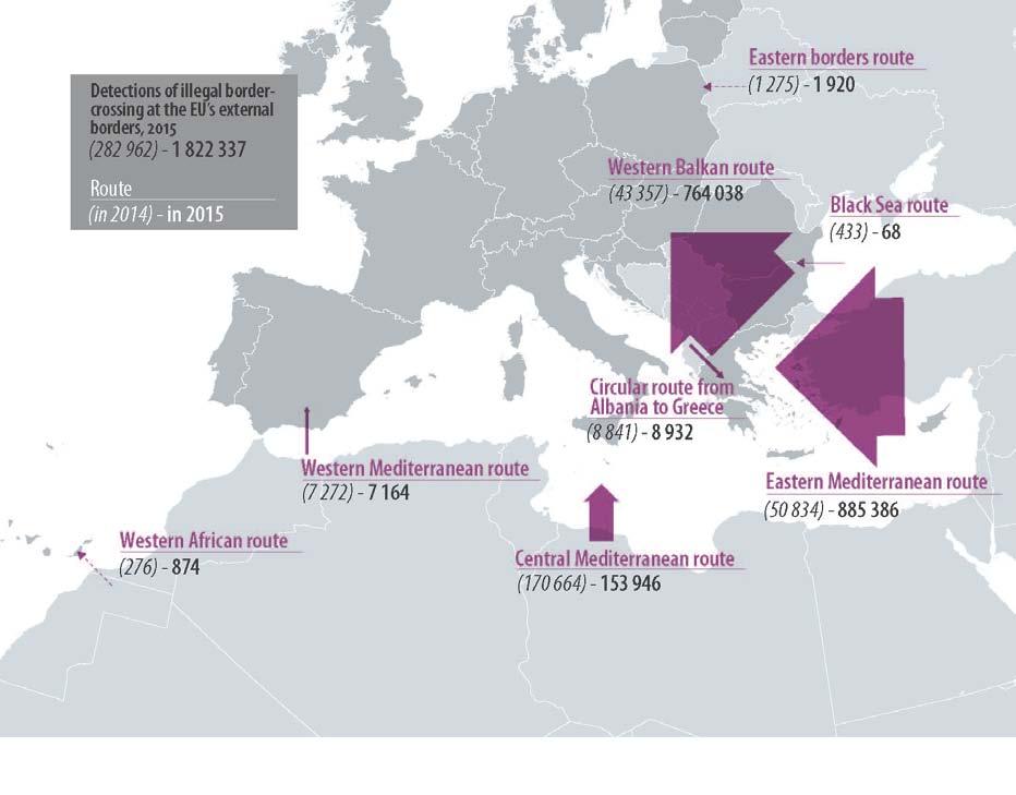 Obrázek 3 Odhalené případy nelegálního přechodu hranic na vnějších hranicích EU, 2015 (2014) 1 12 Odhalené případy nelegálního přechodu hranic na vnějších hranicích EU, 2015: 1 822 337 (2014: 282