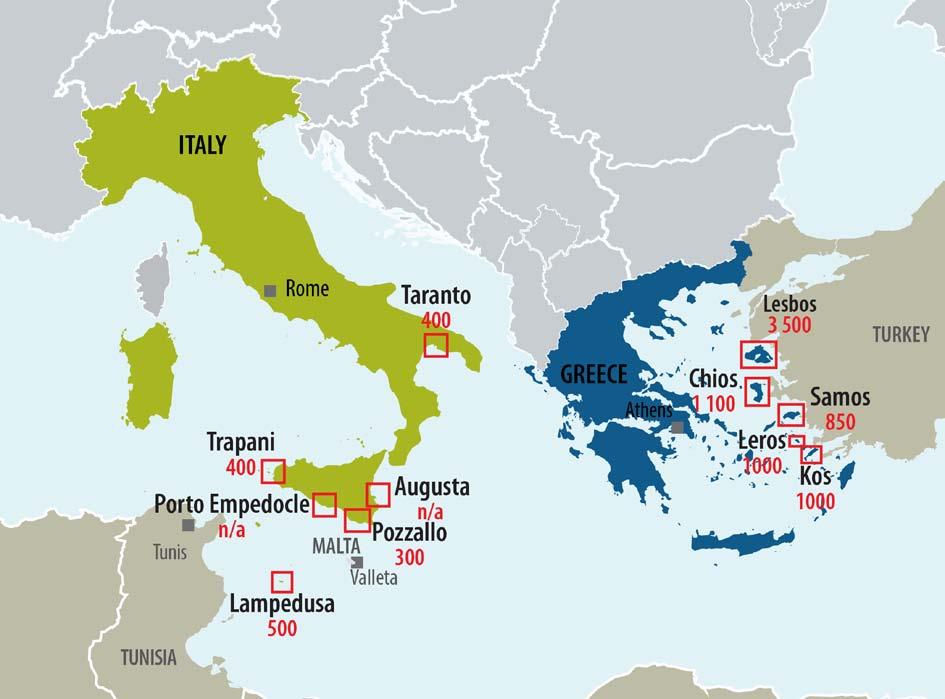 Obrázek 5 Mapa s umístěním italských a řeckých hotspotů a jejich kapacitami 1 14 ITÁLIE Řím Taranto 400 Lesbos 3 500 TURECKO Tunis Trapani 400 Porto Empedocle Augusta Pozzallo MALTA 300 Valletta