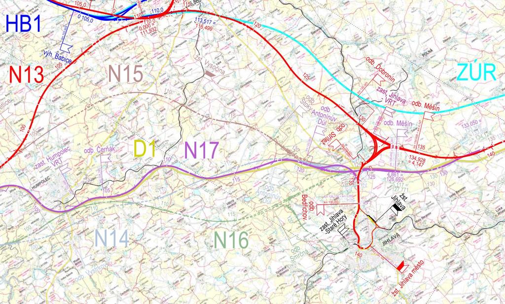 4.3 Záměry na rameni Benešov u Prahy Jihlava [3] Na tomto rameni se jedná o záměr budování Rychlého spojení 1, tedy vysokorychlostní tratě Praha Brno. Tento záměr je nyní ve fázi přípravy.