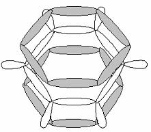 Atomy vodíku nejsou znázorněny. Z tohoto obrázku je zřejmé, že π-vazby jsou rozprostřeny rovnoměrně po celém kruhu benzenu. Říkáme, že jsou delokalizované.